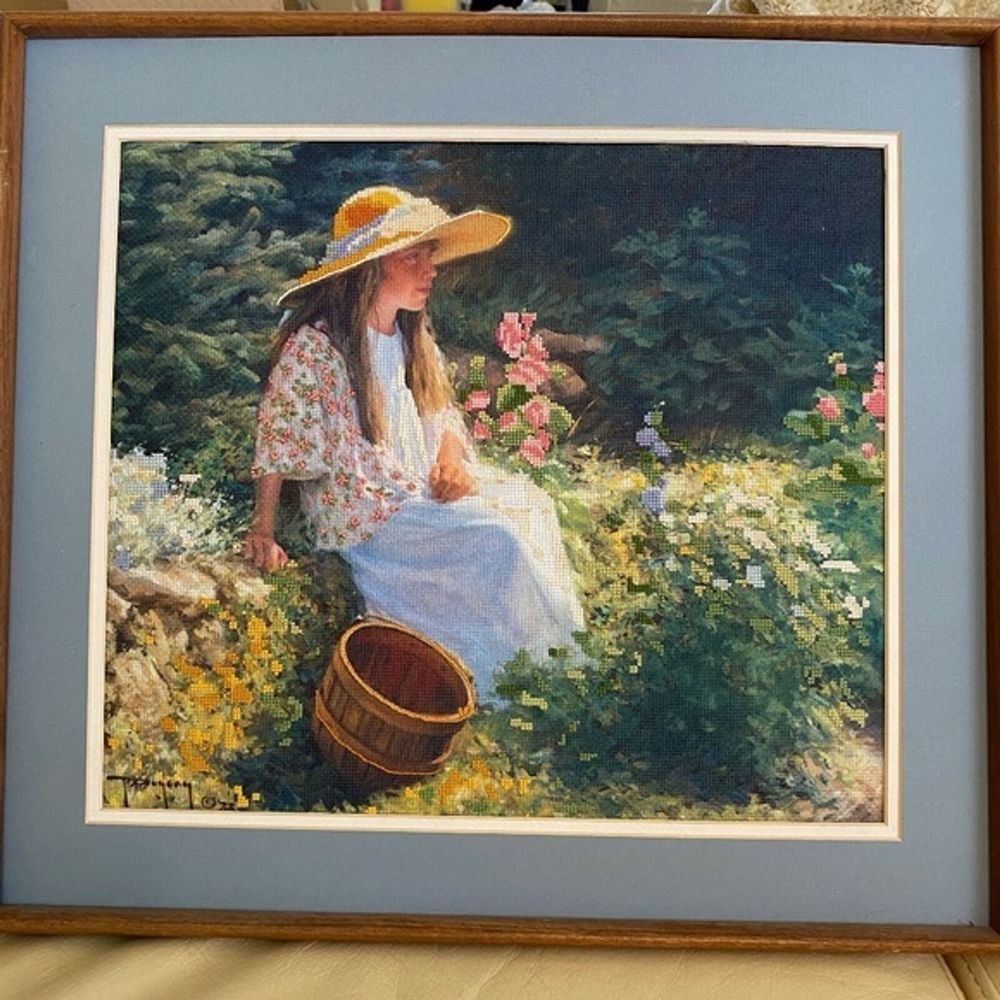 Needlepoint Framed 3D Wall Hanging Crewel Signed Bright Colorful Floral 18 X 20
